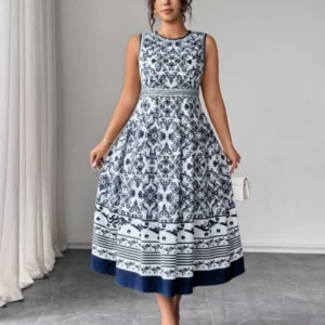 Plus Size Navy Blue White Floral Print Midi Dress Women Round Neck Sleeveless A-Line Casual Summer Dress - Image 6
