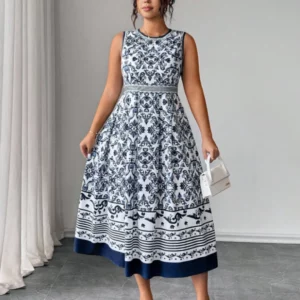 Plus Size Navy Blue White Floral Print Midi Dress Women Round Neck Sleeveless A-Line Casual Summer Dress - Image 5