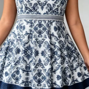Plus Size Navy Blue White Floral Print Midi Dress Women Round Neck Sleeveless A-Line Casual Summer Dress - Image 4