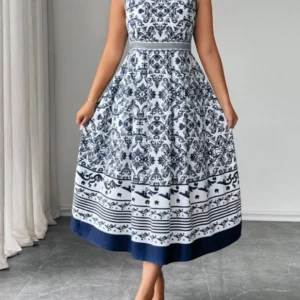 Plus Size Navy Blue White Floral Print Midi Dress Women Round Neck Sleeveless A-Line Casual Summer Dress - Image 3
