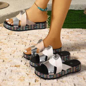 New Bohemian Style Cross-Strap Thick-Soled Sandals for Women, Ethnic Style Printed Platform-Soled Casual Slippers - Image 4