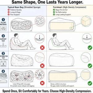 Furnimart High Density Foam Bean Bag Chair for Adults, XXL Boneless Floor Lounger with Ergonomic Back Support, No Sag Compression Foam, No Assembly, Washable Chenille Cover (Taupe) - Image 5