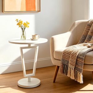 White Round Side Table Heavy Duty Modern End Table Stable Sofa Side Table Metal Base Integrated Accent Coffee Table Nightstand for Living Room Bedroom Sofa Beside - Image 6