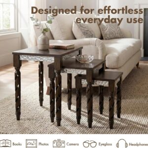 Nesting Tables Set of 3, Walnut Mid Century Modern Accent Tables with Spiral Rubber Wood Legs & Silver Honeycomb Apron, Retro Stackable Side Tables for Living Room, Bedroom & Small Apartments - Image 5