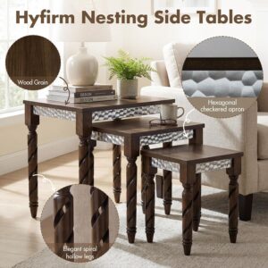 Nesting Tables Set of 3, Walnut Mid Century Modern Accent Tables with Spiral Rubber Wood Legs & Silver Honeycomb Apron, Retro Stackable Side Tables for Living Room, Bedroom & Small Apartments - Image 6