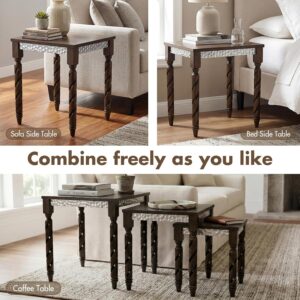 Nesting Tables Set of 3, Walnut Mid Century Modern Accent Tables with Spiral Rubber Wood Legs & Silver Honeycomb Apron, Retro Stackable Side Tables for Living Room, Bedroom & Small Apartments - Image 7