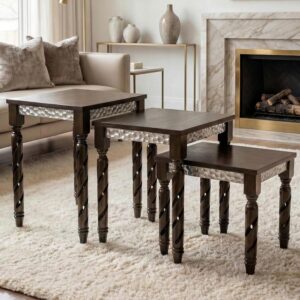 Nesting Tables Set of 3, Walnut Mid Century Modern Accent Tables with Spiral Rubber Wood Legs & Silver Honeycomb Apron, Retro Stackable Side Tables for Living Room, Bedroom & Small Apartments - Image 8