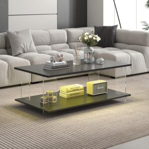 43" Acrylic Coffee Table with Black Wood Top, Minimalist Stylish Modern Rectangular Center Tables for Living Room, Led Living Room Table with Storage Shelf & Acrylic Frame for Small Space - Image 1
