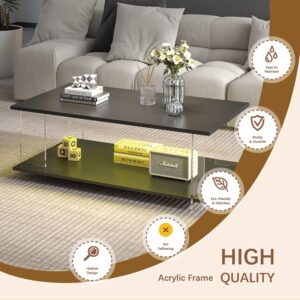 43" Acrylic Coffee Table with Black Wood Top, Minimalist Stylish Modern Rectangular Center Tables for Living Room, Led Living Room Table with Storage Shelf & Acrylic Frame for Small Space - Image 2