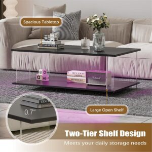 43" Acrylic Coffee Table with Black Wood Top, Minimalist Stylish Modern Rectangular Center Tables for Living Room, Led Living Room Table with Storage Shelf & Acrylic Frame for Small Space - Image 4