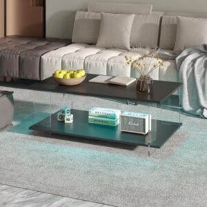 43" Acrylic Coffee Table with Black Wood Top, Minimalist Stylish Modern Rectangular Center Tables for Living Room, Led Living Room Table with Storage Shelf & Acrylic Frame for Small Space - Image 5