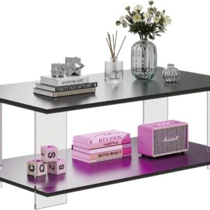 43" Acrylic Coffee Table with Black Wood Top, Minimalist Stylish Modern Rectangular Center Tables for Living Room, Led Living Room Table with Storage Shelf & Acrylic Frame for Small Space - Image 6