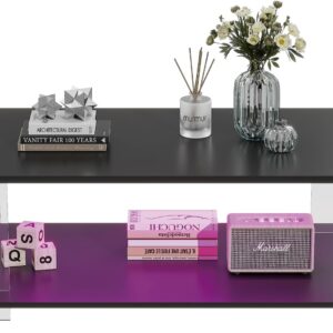 43" Acrylic Coffee Table with Black Wood Top, Minimalist Stylish Modern Rectangular Center Tables for Living Room, Led Living Room Table with Storage Shelf & Acrylic Frame for Small Space - Image 7