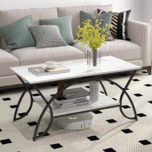 Giantex 2-Tier Rectangular Coffee Table, Faux Marble Table with Open Storage Shelf, Black Finished Metal Frame, Modern Center Table for Living Room, Reception Room (White+Black) - Image 1