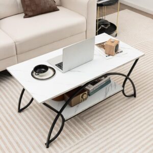 Giantex 2-Tier Rectangular Coffee Table, Faux Marble Table with Open Storage Shelf, Black Finished Metal Frame, Modern Center Table for Living Room, Reception Room (White+Black) - Image 2