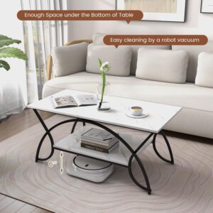 Giantex 2-Tier Rectangular Coffee Table, Faux Marble Table with Open Storage Shelf, Black Finished Metal Frame, Modern Center Table for Living Room, Reception Room (White+Black) - Image 3