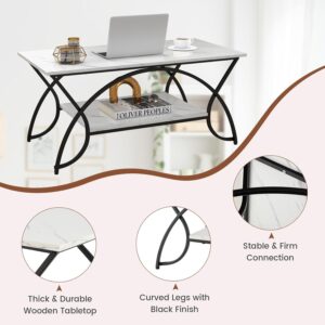 Giantex 2-Tier Rectangular Coffee Table, Faux Marble Table with Open Storage Shelf, Black Finished Metal Frame, Modern Center Table for Living Room, Reception Room (White+Black) - Image 6