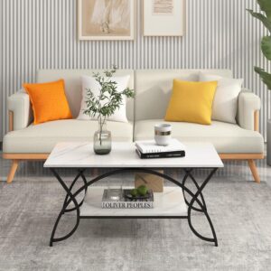 Giantex 2-Tier Rectangular Coffee Table, Faux Marble Table with Open Storage Shelf, Black Finished Metal Frame, Modern Center Table for Living Room, Reception Room (White+Black) - Image 7