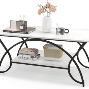 Giantex 2-Tier Rectangular Coffee Table, Faux Marble Table with Open Storage Shelf, Black Finished Metal Frame, Modern Center Table for Living Room, Reception Room (White+Black) - Image 8