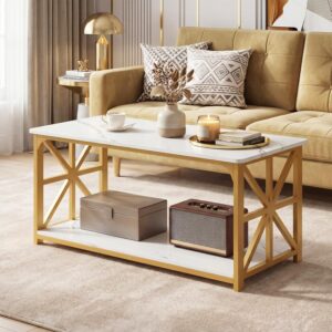 Giantex Farmhouse Coffee Table, 43" Faux Marble Center Table w/Storage & X-Shaped Frames, 2-Tier Modern Accent Cocktail Tea Table, Rectangular Wooden Living Room Tables for Small Spaces, Gold & White - Image 1