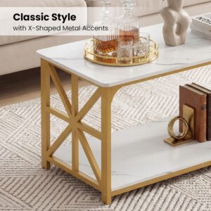 Giantex Farmhouse Coffee Table, 43" Faux Marble Center Table w/Storage & X-Shaped Frames, 2-Tier Modern Accent Cocktail Tea Table, Rectangular Wooden Living Room Tables for Small Spaces, Gold & White - Image 8