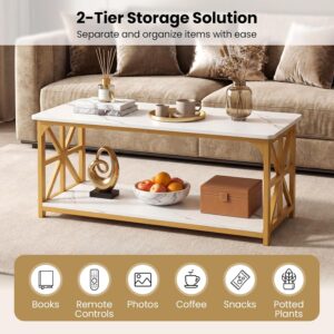 Giantex Farmhouse Coffee Table, 43" Faux Marble Center Table w/Storage & X-Shaped Frames, 2-Tier Modern Accent Cocktail Tea Table, Rectangular Wooden Living Room Tables for Small Spaces, Gold & White - Image 7