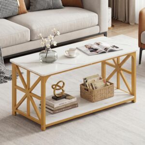 Giantex Farmhouse Coffee Table, 43" Faux Marble Center Table w/Storage & X-Shaped Frames, 2-Tier Modern Accent Cocktail Tea Table, Rectangular Wooden Living Room Tables for Small Spaces, Gold & White - Image 5