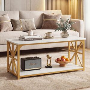 Giantex Farmhouse Coffee Table, 43" Faux Marble Center Table w/Storage & X-Shaped Frames, 2-Tier Modern Accent Cocktail Tea Table, Rectangular Wooden Living Room Tables for Small Spaces, Gold & White - Image 4
