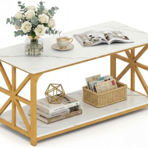 Giantex Farmhouse Coffee Table, 43" Faux Marble Center Table w/Storage & X-Shaped Frames, 2-Tier Modern Accent Cocktail Tea Table, Rectangular Wooden Living Room Tables for Small Spaces, Gold & White - Image 3
