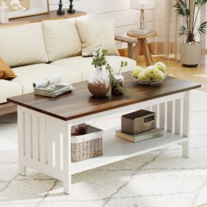 39.4" Farmhouse Coffee Table, Small Coffee Tables for Living Room | White, 2 Tier Coffee Table with Storage, Tea Table for Living Room Bedroom Small Space - Image 1