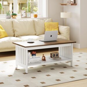 39.4" Farmhouse Coffee Table, Small Coffee Tables for Living Room | White, 2 Tier Coffee Table with Storage, Tea Table for Living Room Bedroom Small Space - Image 3