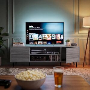 YESHOMY Mid-Century Modern TV Stand for 55-65 Inch TVs, 58 Inch Entertainment Center with Storage, Media Console with Push-to-Open Doors and Cable Management for Living Room, Bedroom(Light Gray) - Image 3