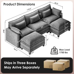 Marsail Modular Sectional Sofa 110.6" U-Shaped Modern Comfy Cloud Couch, 5-Seat Chenille Deep Seat Sofa with Throw Pillow & Movable Ottoman for Living Room, Bedroom and Apartment, Slate Gray - Image 2