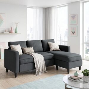 L-Shaped Sectional Couch, Modern Grey Reversible Sectional Sofa with Reversible Ottoman, 3-Seat Compact Couches for Living Room Apartment, Studio & Office, Easy Assembly, Grey - Image 7