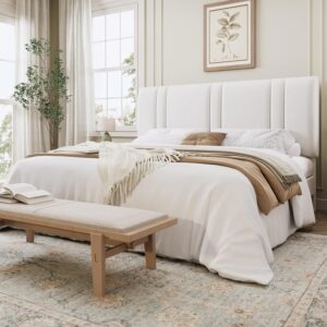 SHA CERLIN King Size Platform Bed Frame, Velvet Upholstered Bed with Adjustable Headboard, Vertical Channel Tufted Design, Sturdy Wood Slat Support, No Box Spring Needed, Easy Assembly, White - Image 2