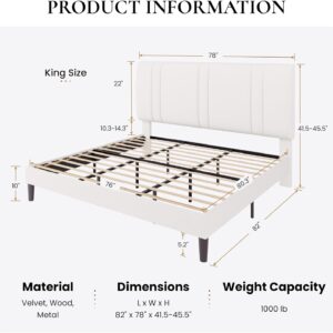 SHA CERLIN King Size Platform Bed Frame, Velvet Upholstered Bed with Adjustable Headboard, Vertical Channel Tufted Design, Sturdy Wood Slat Support, No Box Spring Needed, Easy Assembly, White - Image 3