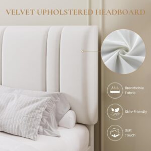 SHA CERLIN King Size Platform Bed Frame, Velvet Upholstered Bed with Adjustable Headboard, Vertical Channel Tufted Design, Sturdy Wood Slat Support, No Box Spring Needed, Easy Assembly, White - Image 5