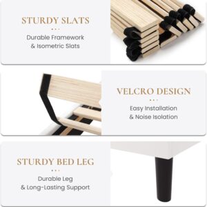 SHA CERLIN King Size Platform Bed Frame, Velvet Upholstered Bed with Adjustable Headboard, Vertical Channel Tufted Design, Sturdy Wood Slat Support, No Box Spring Needed, Easy Assembly, White - Image 9