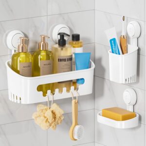 Shower Caddy Suction Cup Set Shower Organizer & Soap Holder & Toothbrush Holder, Bathroom Shelf Basket NO-Drilling, Removable Suction Storage Waterproof Bathroom Caddy, White - Image 10