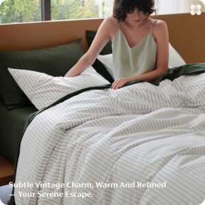 Bedsure Striped Duvet Cover Queen, 100% Washed Cotton Duvet Cover Linen‑Like, PureWoven with Reversible Yarn‑Dyed Design & Double‑Stitch Craft, 3-Piece with Zipper Closure, Stripes White, 90"x90" - Image 3