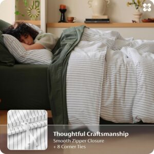 Bedsure Striped Duvet Cover Queen, 100% Washed Cotton Duvet Cover Linen‑Like, PureWoven with Reversible Yarn‑Dyed Design & Double‑Stitch Craft, 3-Piece with Zipper Closure, Stripes White, 90"x90" - Image 5