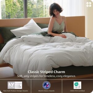 Bedsure Striped Duvet Cover Queen, 100% Washed Cotton Duvet Cover Linen‑Like, PureWoven with Reversible Yarn‑Dyed Design & Double‑Stitch Craft, 3-Piece with Zipper Closure, Stripes White, 90"x90" - Image 9