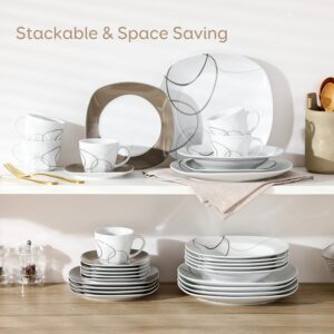 VEWEET 'Nikita' 30-Piece Dinner Set Ivory White Brown Lines Porcelain China Ceramic Combination Sets of Dessert Plates/Soup Plates/Dinner Plates/Cups/Saucers Service for 6 - Image 6