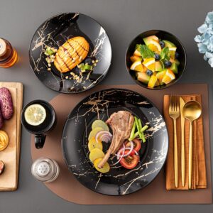 LOVECASA Black Plates and Bowls Sets for 4, Porcelain Dinnerware Sets 16 Piece Gold Splash Glaze Ceramic Dish Set, Round Dinner Set with Mugs, Dishwasher Microwave Safe - Image 2