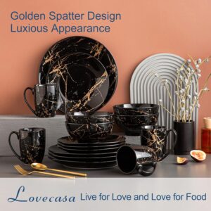 LOVECASA Black Plates and Bowls Sets for 4, Porcelain Dinnerware Sets 16 Piece Gold Splash Glaze Ceramic Dish Set, Round Dinner Set with Mugs, Dishwasher Microwave Safe - Image 4