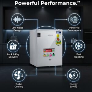 Geepas Mini Bar Fridge 60L, Defrost, Door Lock & Key, Low Noise, Compact Design, Powerful Compressor, Energy Saving, Fast Freezing, Adjustable Thermostat, White - Image 4