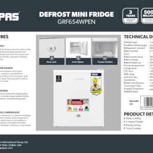 Geepas Mini Bar Fridge 60L, Defrost, Door Lock & Key, Low Noise, Compact Design, Powerful Compressor, Energy Saving, Fast Freezing, Adjustable Thermostat, White - Image 7