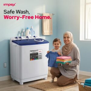 Impex 12 Kg Semi Automatic Washing Machine, Air Turbo Dry, Double Layer Strong Body, Transparent Blue Window Lid, Low Noise Energy Efficient Motor, Handwash Design, High Clean Ratio, Cooler Scrubber, Wash Buzzer, 12Kg Washing Capacity, 6.5Kg Spin Capacity, 420W Wash Power, Durable & Moderate Temperature Resistant, Cleaning Cloths Dresses, 2 Year Warranty - WM 4205, White & Grey Body 12 kg 420 W WM 4205 Black/White/Grey - Image 7