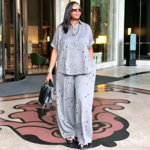 Women Pant Set Two Piece Sets Turn Down Collar Short Sleeve Shirt Striped Wide Leg Long Pants High Waist Y2k Streetwear Elegant - Image 2
