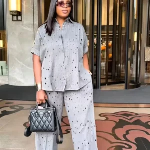Women Pant Set Two Piece Sets Turn Down Collar Short Sleeve Shirt Striped Wide Leg Long Pants High Waist Y2k Streetwear Elegant - Image 6